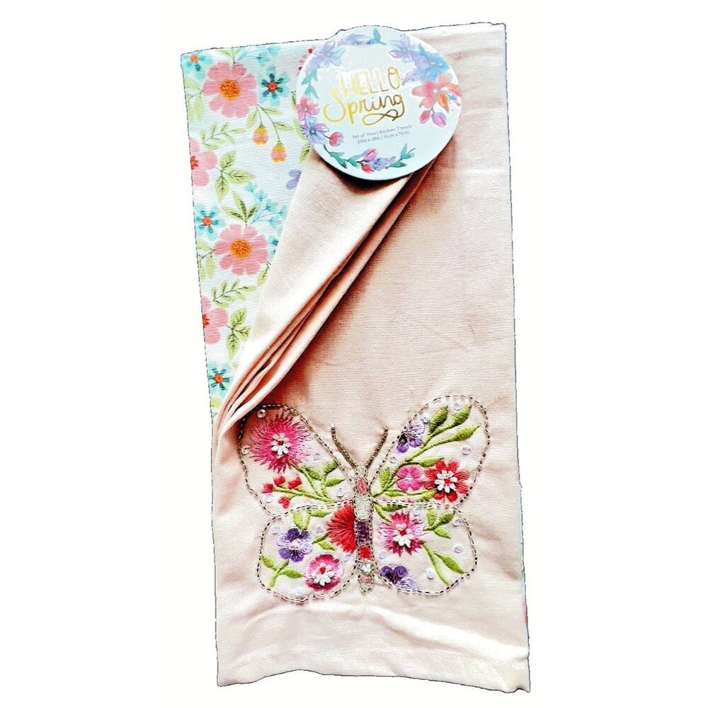 Butterfly Towel Set 2 Embroidery BEADED Spring Pink Dish Kitchen Linens GIFT